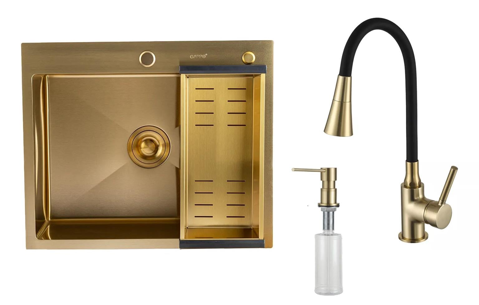 Мойка кухонная Gappo 60/50 из нержавеющей стали со смесителем с гибким изливом дозатором и корзиной Золотой (601046114)