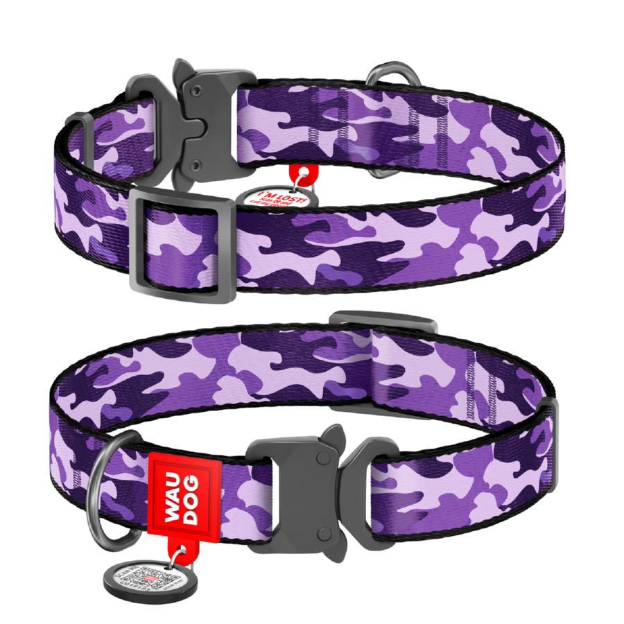 Ошейник для собак нейлоновый Waudog Nylon с QR паспортом металлическая пряжка-фастекс XL 25 мм 35-58 см Фиолетовый камо