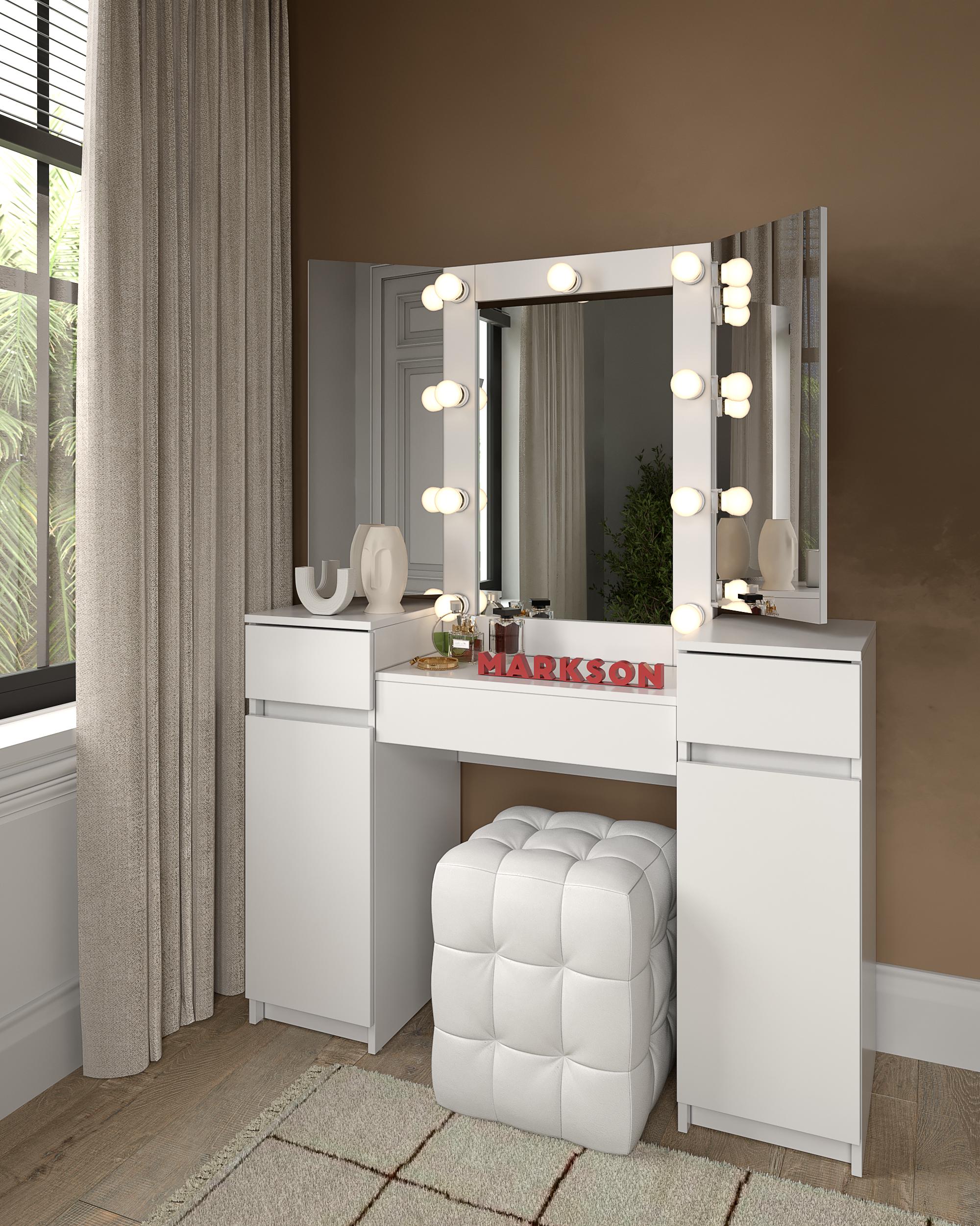 Туалетний стіл-трюмо з дзеркалом та підсвічуванням на 2 тумби та висувний ящик Білий (MS633) - фото 3