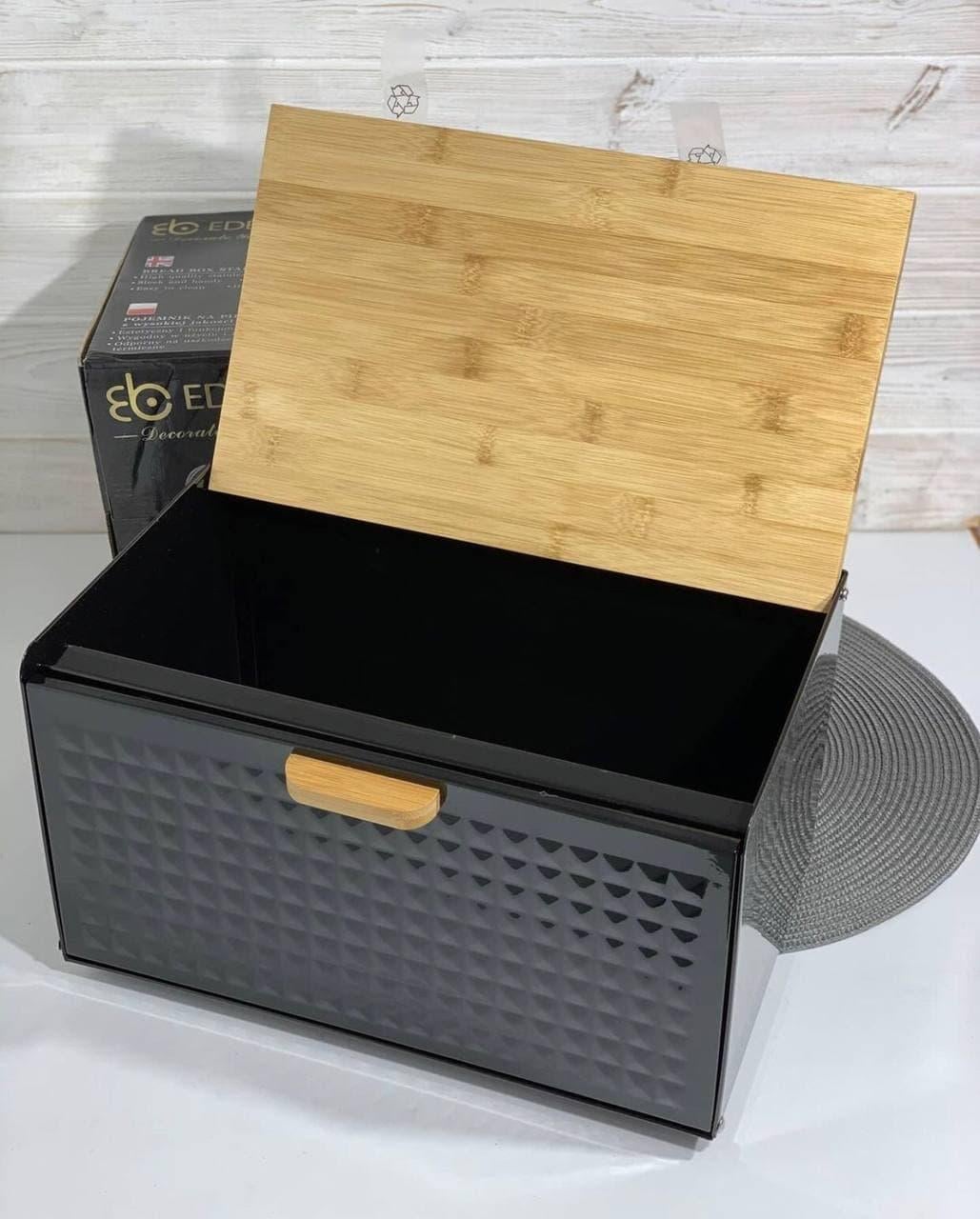 Хлібниця Edenberg з нержавіючої сталі та бамбуковою кришкою 35,x23,5x21 см Чорний (EB-135) Хлібниця Edenberg з нержавіючої сталі та бамбуковою кришкою 35,x23,5x21 см Чорний (EB-135)