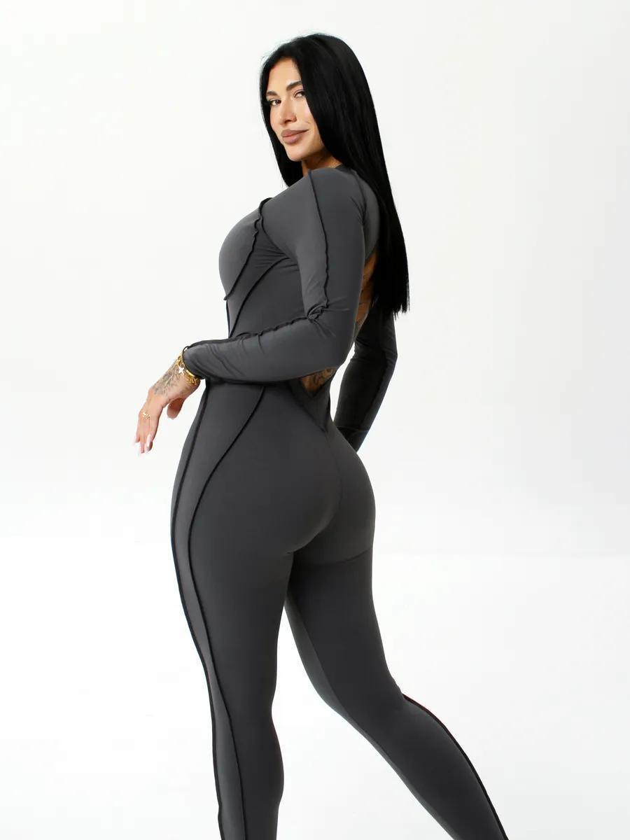 Комбинезон спортивный длинный с имитацией корсета с чашками и без пуш-ап S Темно-серый (MJ03S) - фото 6