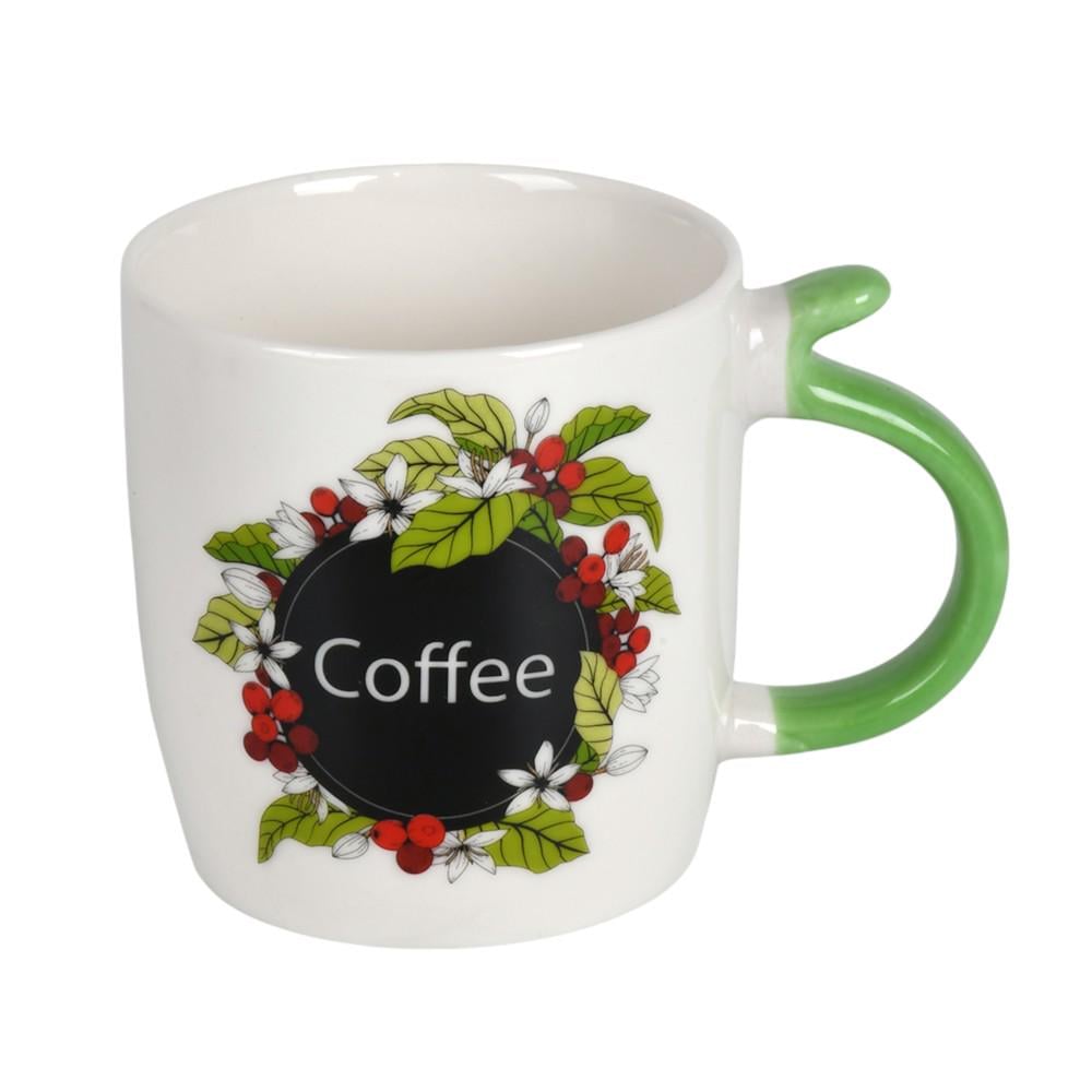 Чашка керамическая для кофе Coffee R35466 белая с салатовым с ручкой в ​​виде веточки 340 мл (643825)