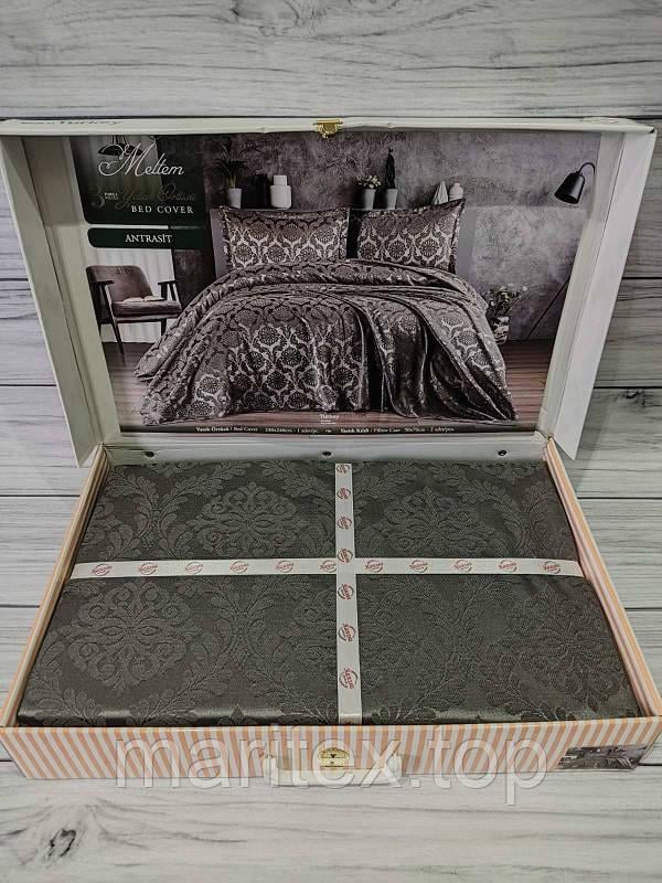 Покривало жакардове Karina 240х240 см з наволочками 50х70 см 2 шт. Антрацит з коричневим (306) (306)