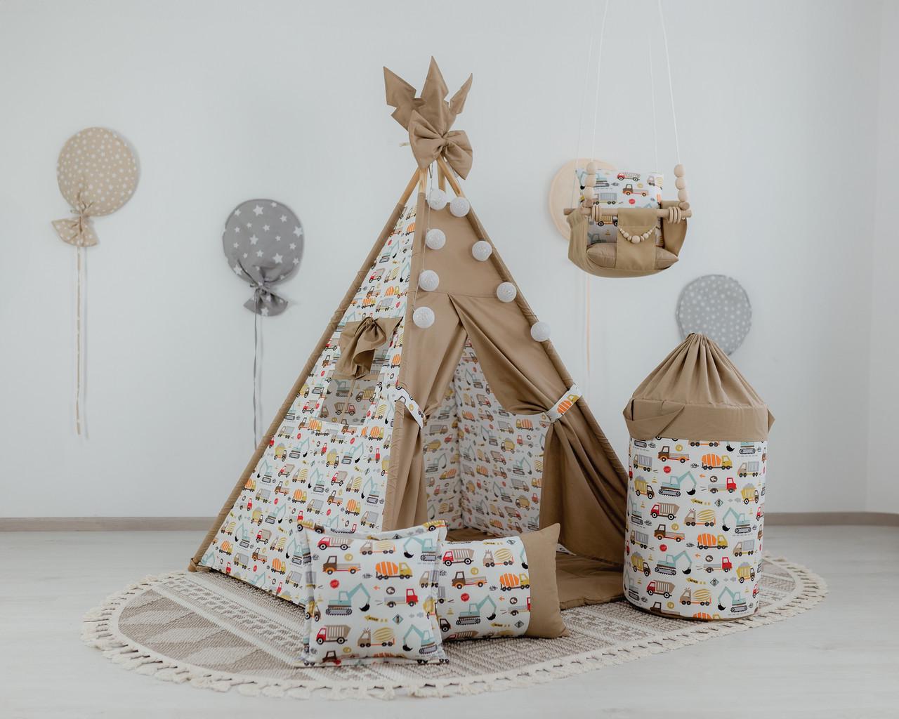 Вігвам для дитини Машинки з матрацом і подушками з кошиком для білизни