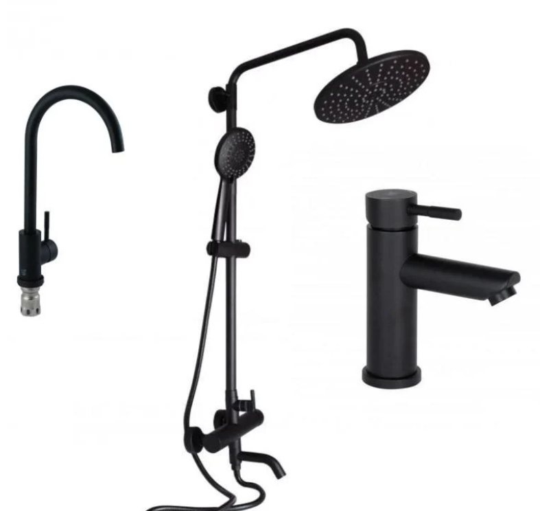 Гарнитур душевой Lidz в ванну/кран на умывальник/кран для кухни Черный