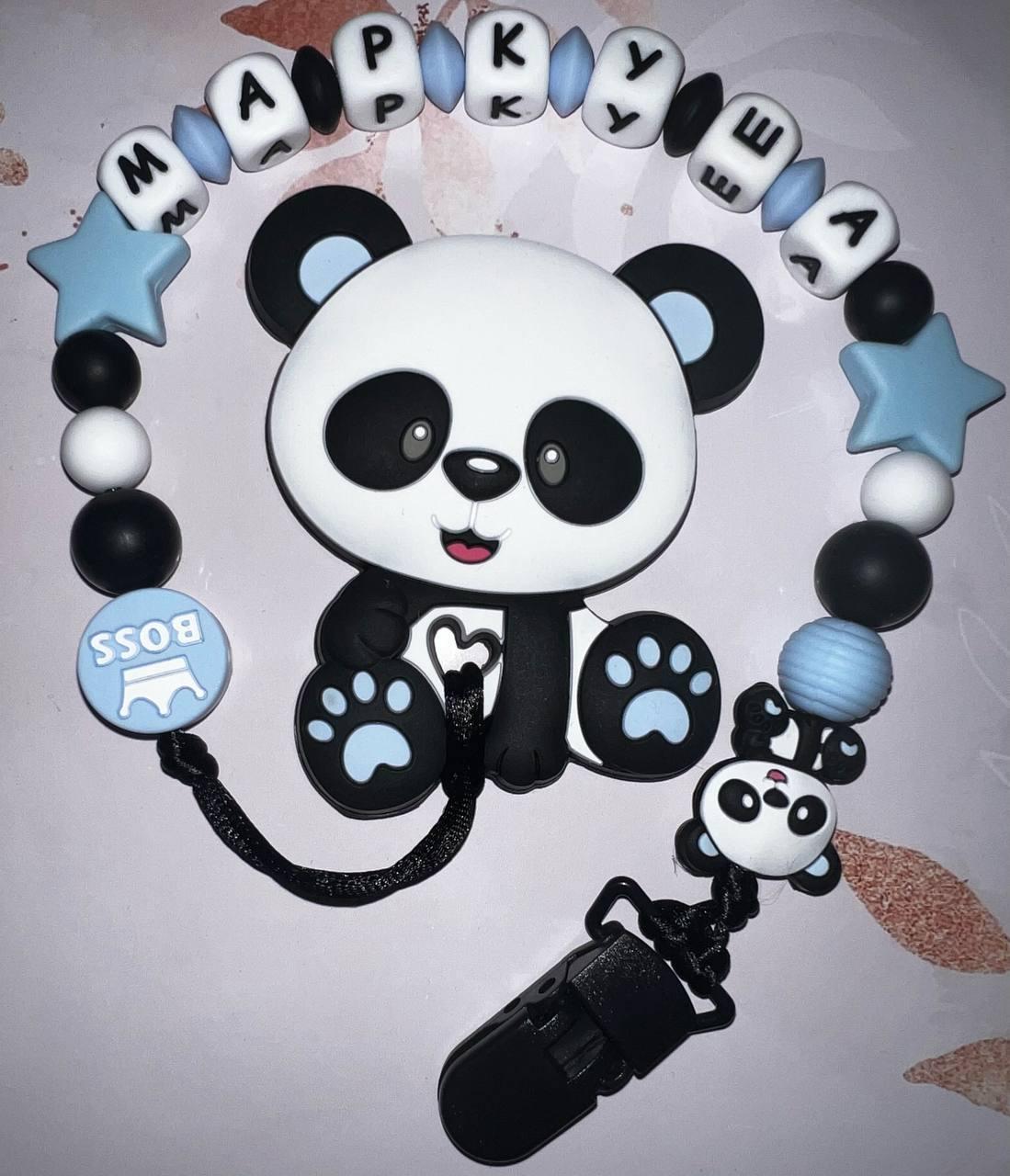 Тримач для пустушки іменний з гризунцем силіконовий Панда 94 з вушками Блакитний (2741663697)