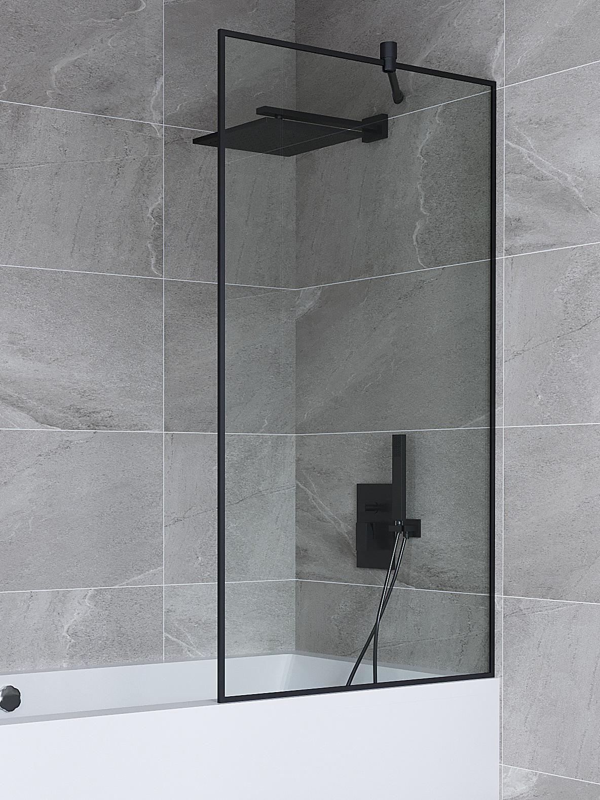 Шторка для ванны Amanda 600х1400 мм прозрачная стеклянная в черном профиле с распоркой в ​​ванную