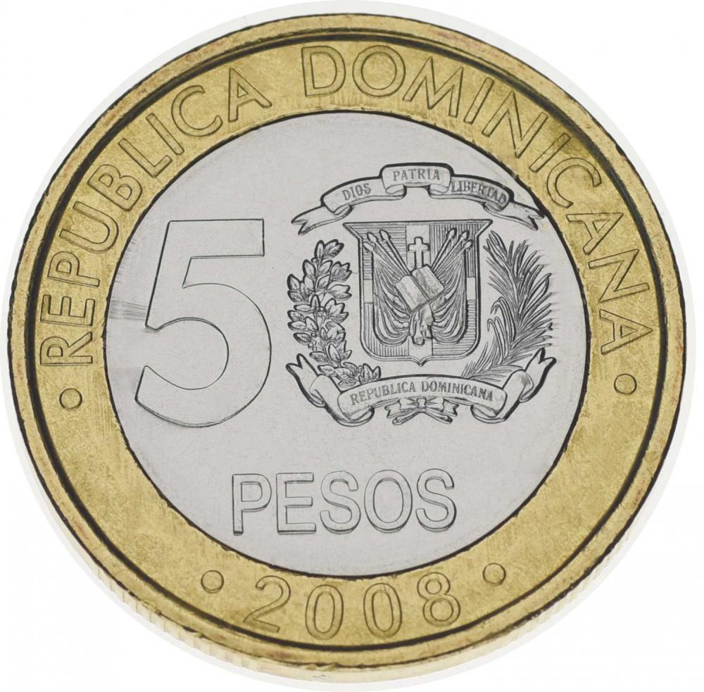 Коллекционная монета Доминикана 5 песо 2008 Биметалл UNC (М03576)