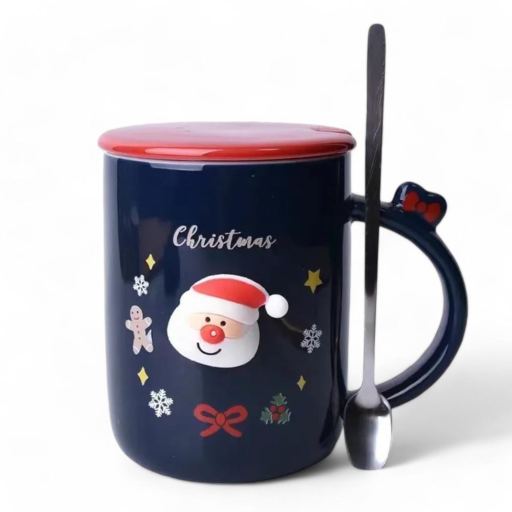 Чашка новогодняя с крышкой и ложкой Санта керамика 360 мл Синий - фото 4
