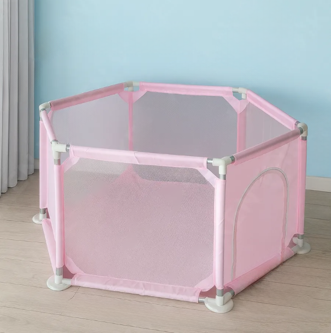Дитячий ігровий манеж-огорожа з металевим каркасом і кишенею для іграшок 125х113х64 см Рожевий (Е500281)