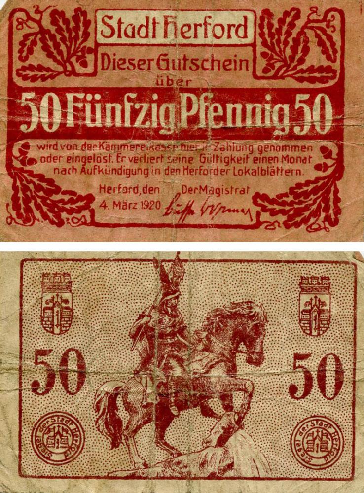 Коллекционная банкнота Германия Нотгельд 50 пфеннигов 1920 F-VF Херфорд (Б18687)