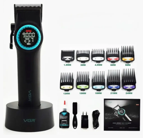 Машинка для стрижки волосся VGR з дисплеєм та змінними насадками професійна (R-1001)