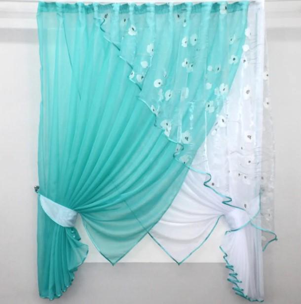 Комплект штор на кухню/балкон 300х170 см Бирюзовый/Белый (063к) Комплект штор на кухню/балкон 300х170 см Бирюзовый/Белый (063к)