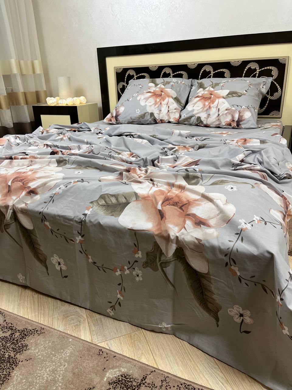 Комплект постельного белья Цветы хлопковый полуторный 150х220/70х70 см Серый (11264025)