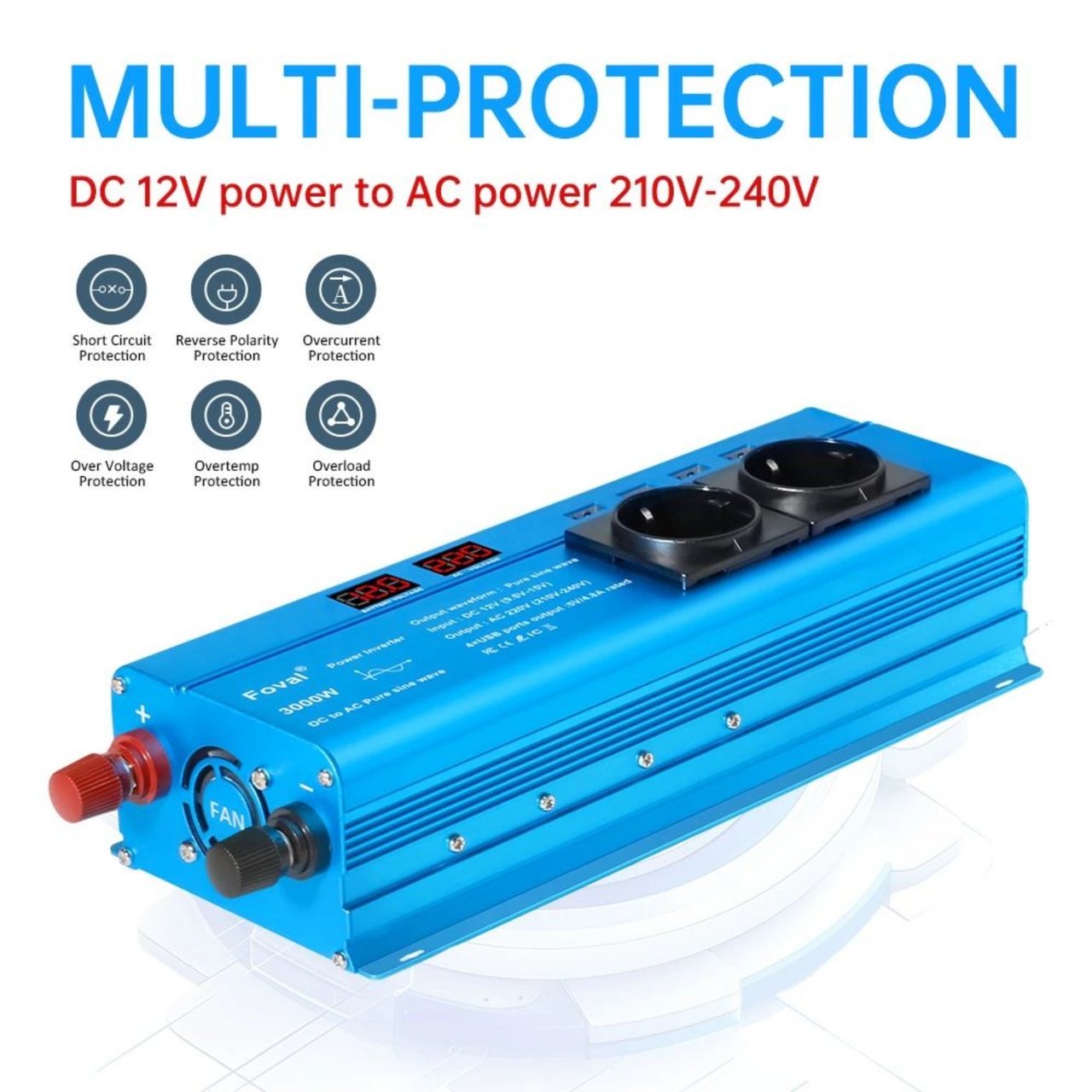 Інвертор з правильною синусоїдою Foval 3000 Вт 12/220V DC/AC 50Hz для живлення котлів/мікрохвильовок/кондиціонерів/насосів (2831569234) - фото 4 Інвертор з правильною синусоїдою Foval 3000 Вт 12/220V DC/AC 50Hz для живлення котлів/мікрохвильовок/кондиціонерів/насосів (2831569234) - фото 4
