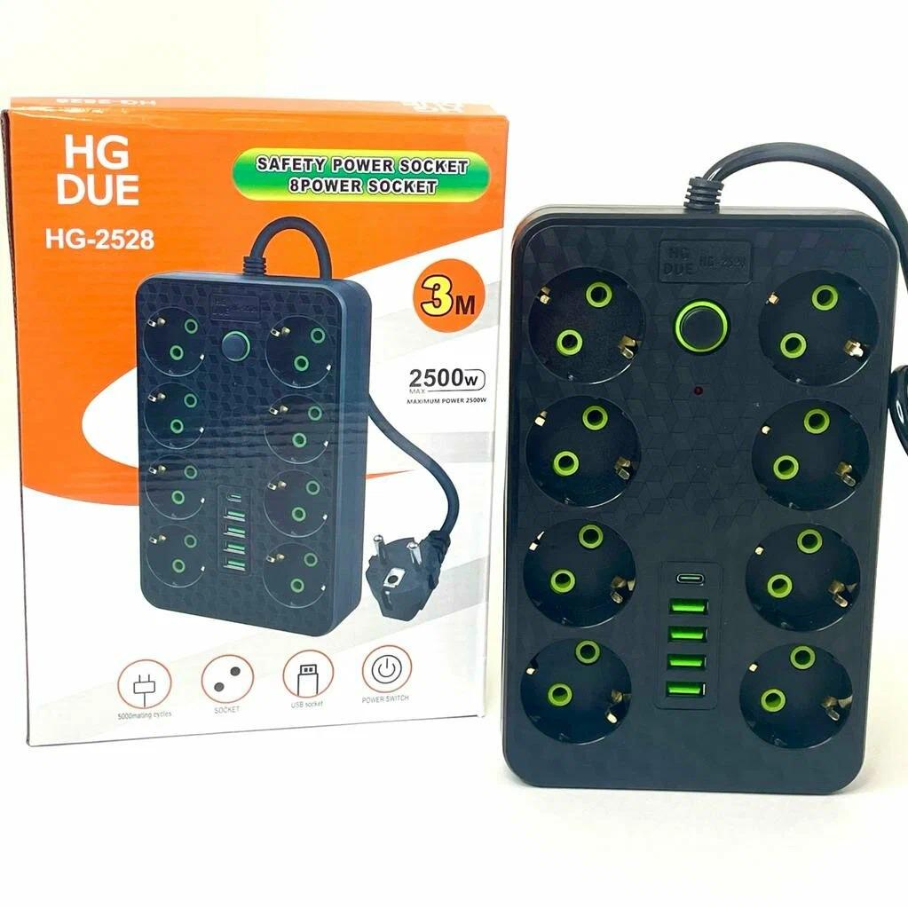 Сетевой фильтр-удлинитель HG-2528 с предохранителем 8 розетки/4 USB/1 Type-C 2500 Вт (2528) Сетевой фильтр-удлинитель HG-2528 с предохранителем 8 розетки/4 USB/1 Type-C 2500 Вт (2528)