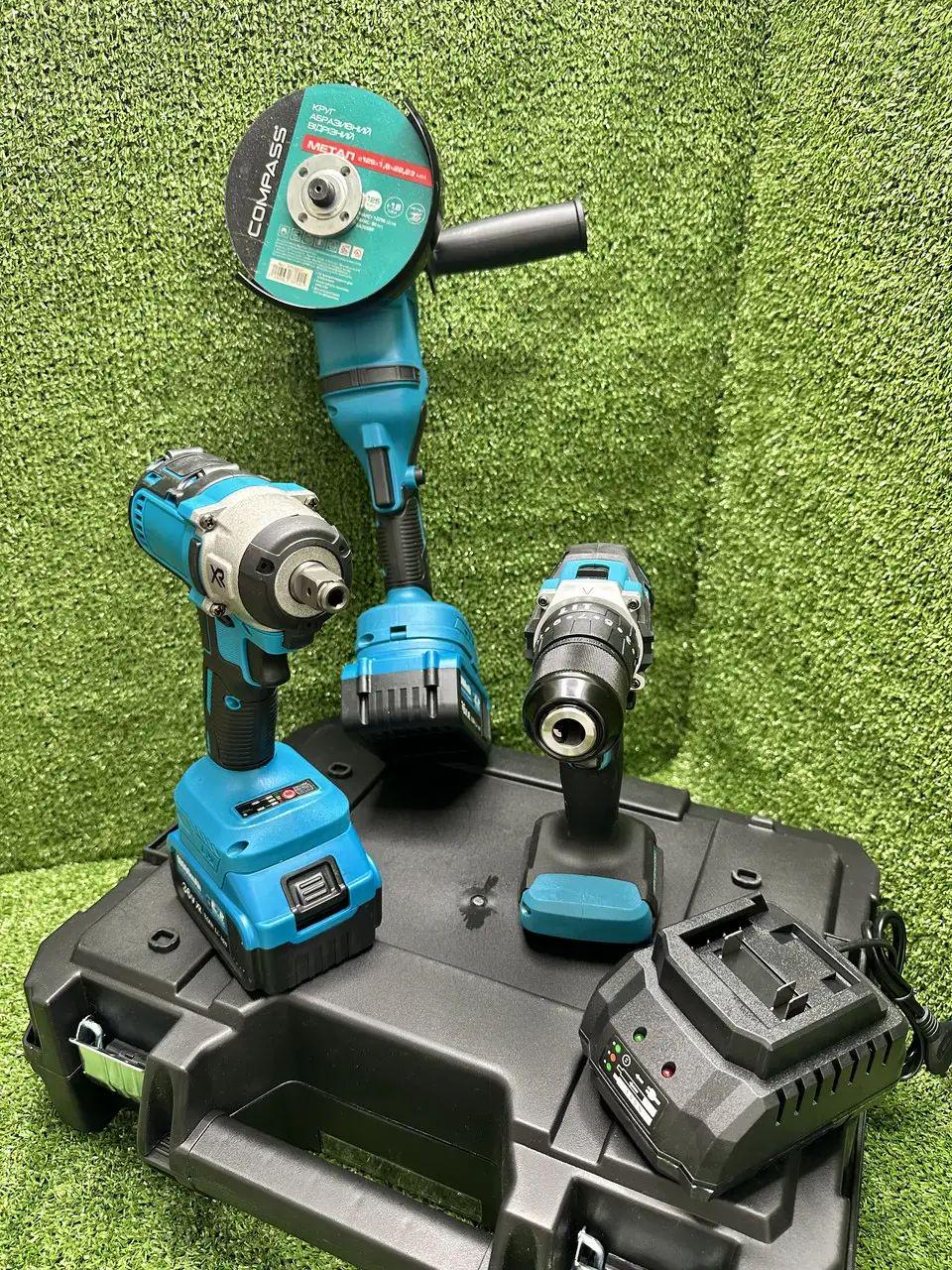 Набор электроинструментов аккумуляторных 3в1 в кейсе болгарка/шуруповерт/гайковерт с 2 аккумуляторами 24В 4Ач (opt-103125)