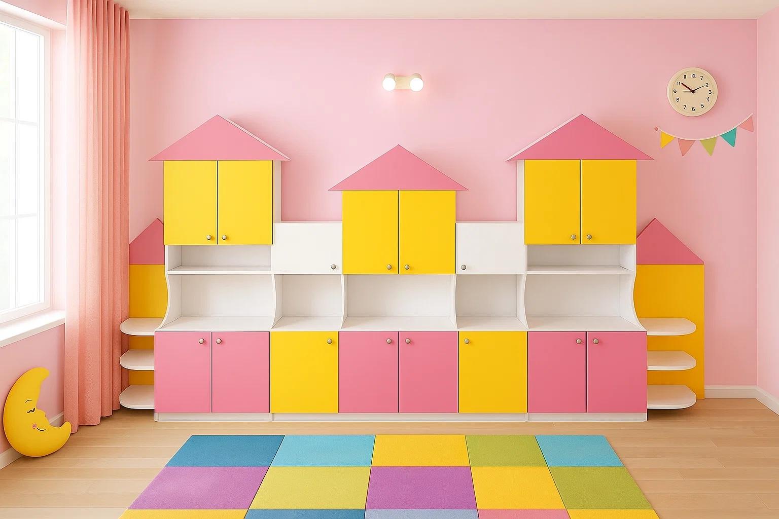 Детская стенка для игрушек GAP Деревня DS-879 3500x400x1500 мм Розовый