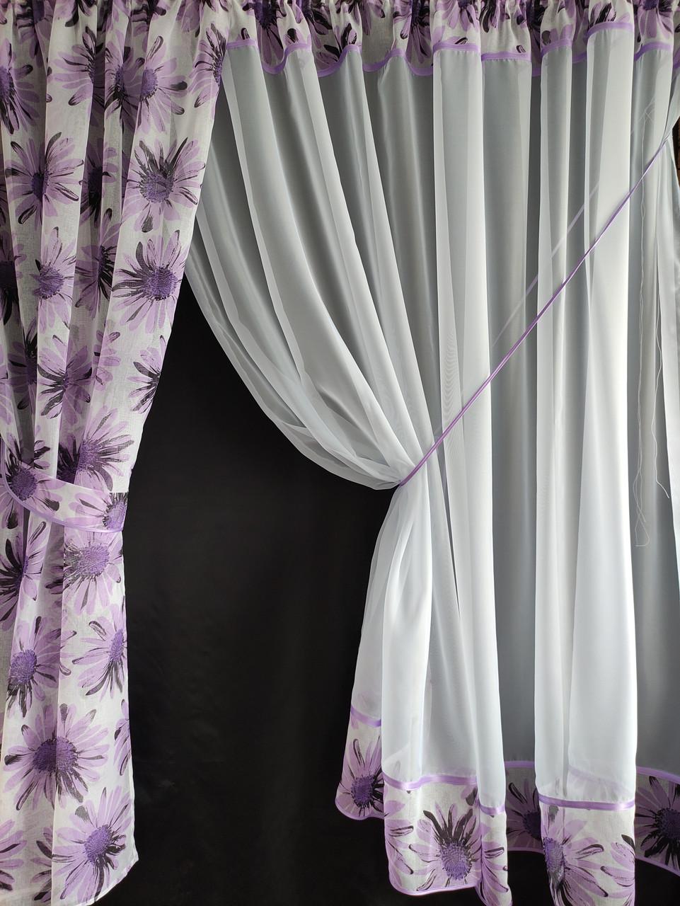Комплект на кухонное окно Ромашка шифон и батист с цветами 290х190 см Белый/Сирень (ромашка-02) - фото 2 Комплект на кухонное окно Ромашка шифон и батист с цветами 290х190 см Белый/Сирень (ромашка-02) - фото 2