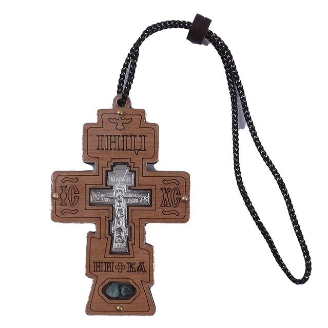 Крест деревянный на зеркало заднего вида на нитке с камнями под стеклом 7,5х5 см (651565)