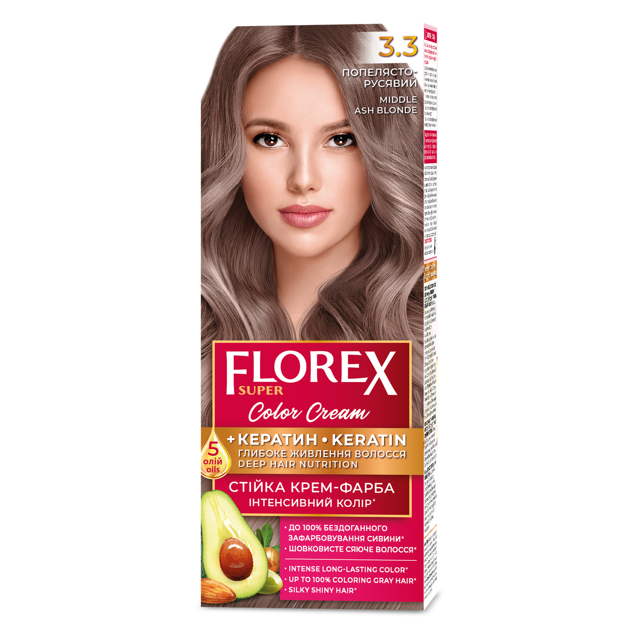 Крем-краска для волос стойкая Florex кератин 3.3 120 мл Пепелисто-русый