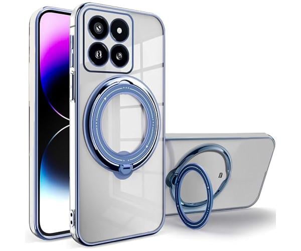 Силиконовый чехол накладка Clear Case для Xiaomi 14 Pro с металлическим кольцом держателем и защитой для камеры Синий