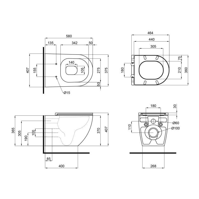 Унітаз підвісний Qtap Robin Rimless 575x360x360 мм із сидінням Slim Duroplast/Soft-close/Quick relase бачок 3/7,15 л Matt Black (QT13332141ERMB) - фото 2