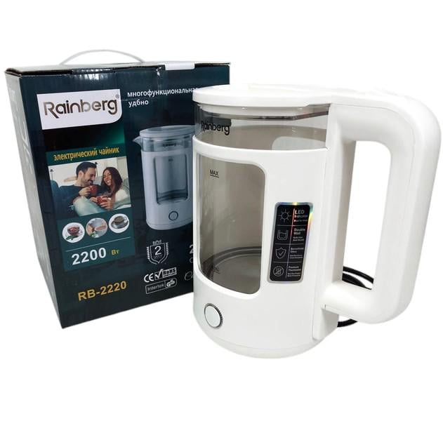 Електрочайник скляний Rainberg RB-2220 дисковий/LED підсвічування 2 л 2200 Вт Білий (ML-05132)