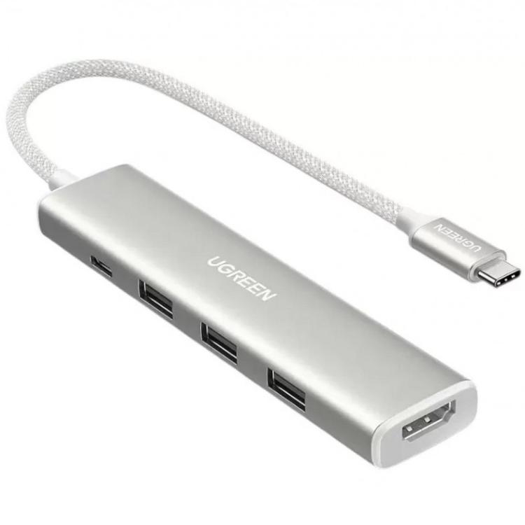 USB-хаб UGREEN CM478 5в1 USB3.0 Type-C to HDMI 3xUSB3.0 Type-C PD 100W Silver (35580)