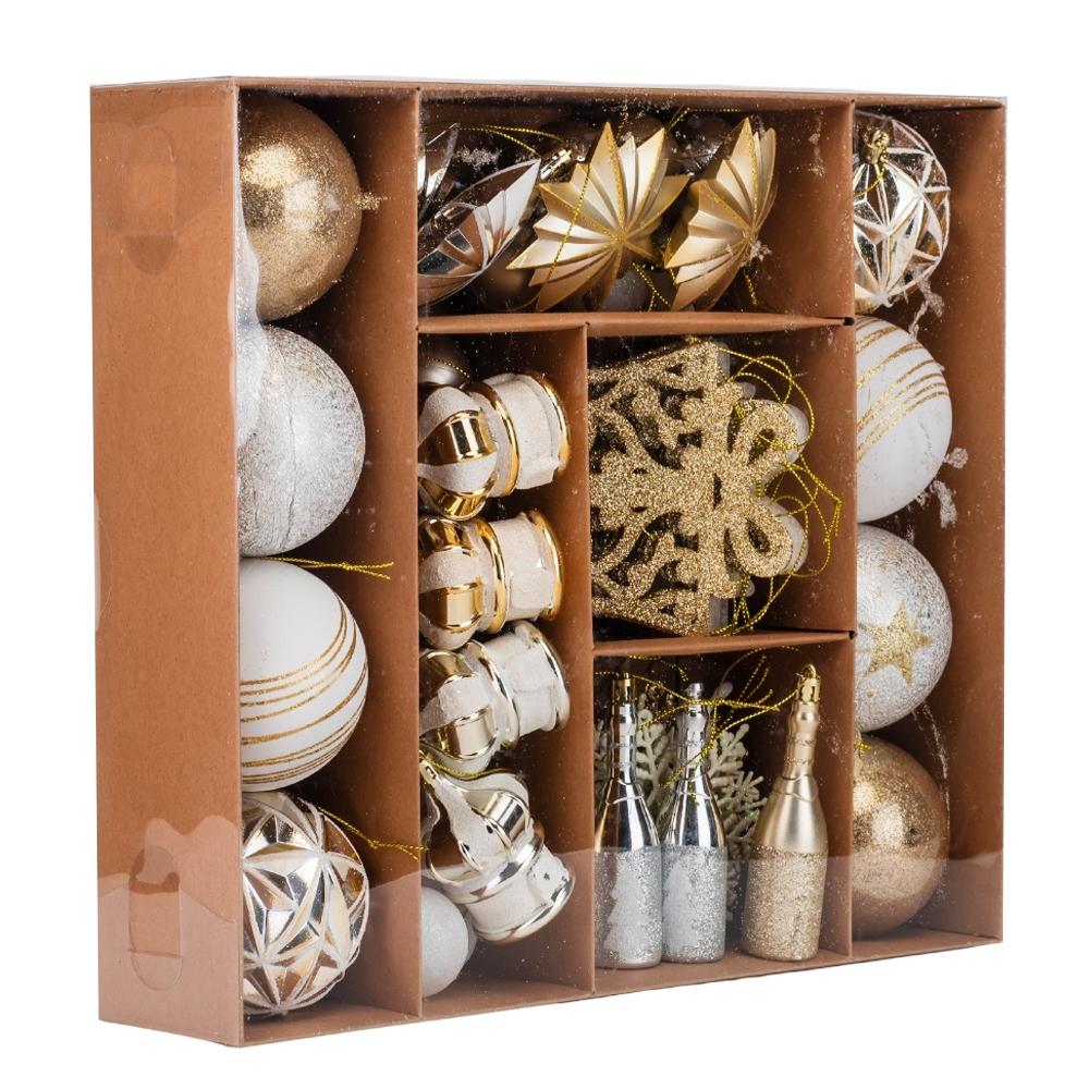 Набір ялинкових іграшок для декору Різдвяний блиск 70 шт. із пластику в коробці Золото (147-81-9125-029) - фото 2 Набір ялинкових іграшок для декору Різдвяний блиск 70 шт. із пластику в коробці Золото (147-81-9125-029) - фото 2