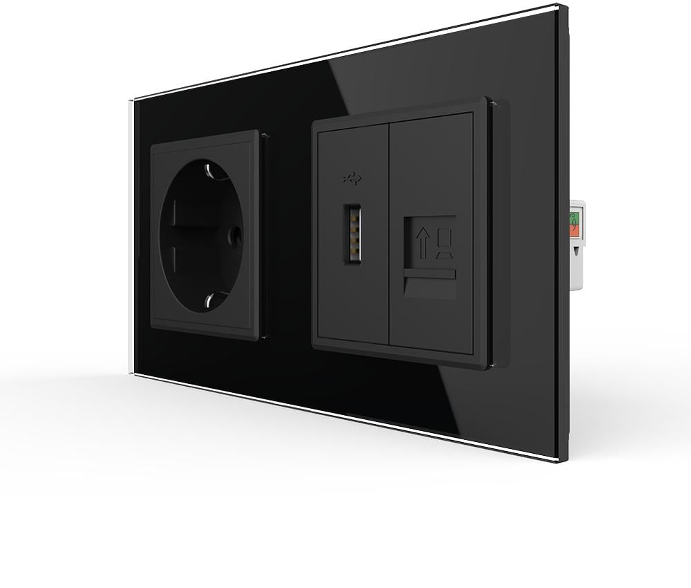Розетка настенная LIVOLO с USB 10Вт/интернет портом RJ-45 дизайнерская стеклянная рамка Черный (VL-C7FCTC16A/FCUA/FCCP-4BP)
