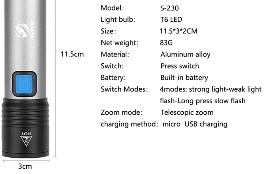 Фонарик аккумуляторный Shustar S-230 T6 LED USB (7031) - фото 6