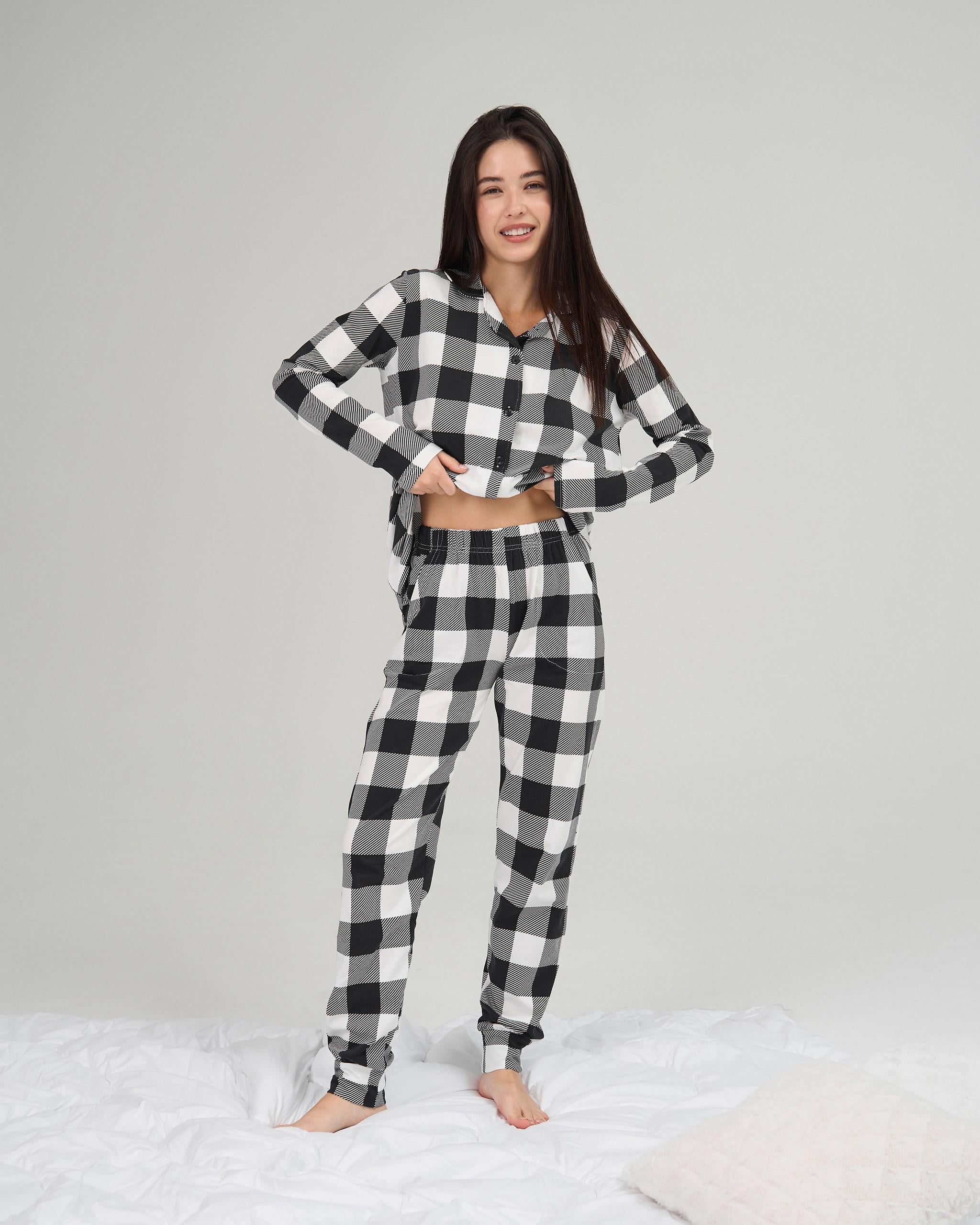 Пижама женская с брюками Клеточка Family look XL Черный/Белый (96685)