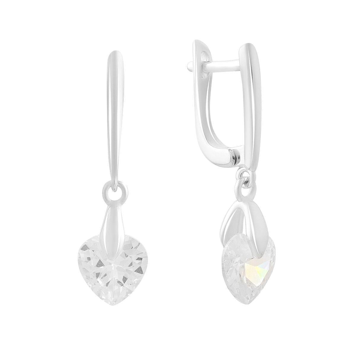 Сережки срібні LoveR з підвісками у формі серця та фіанітом з англійським замком