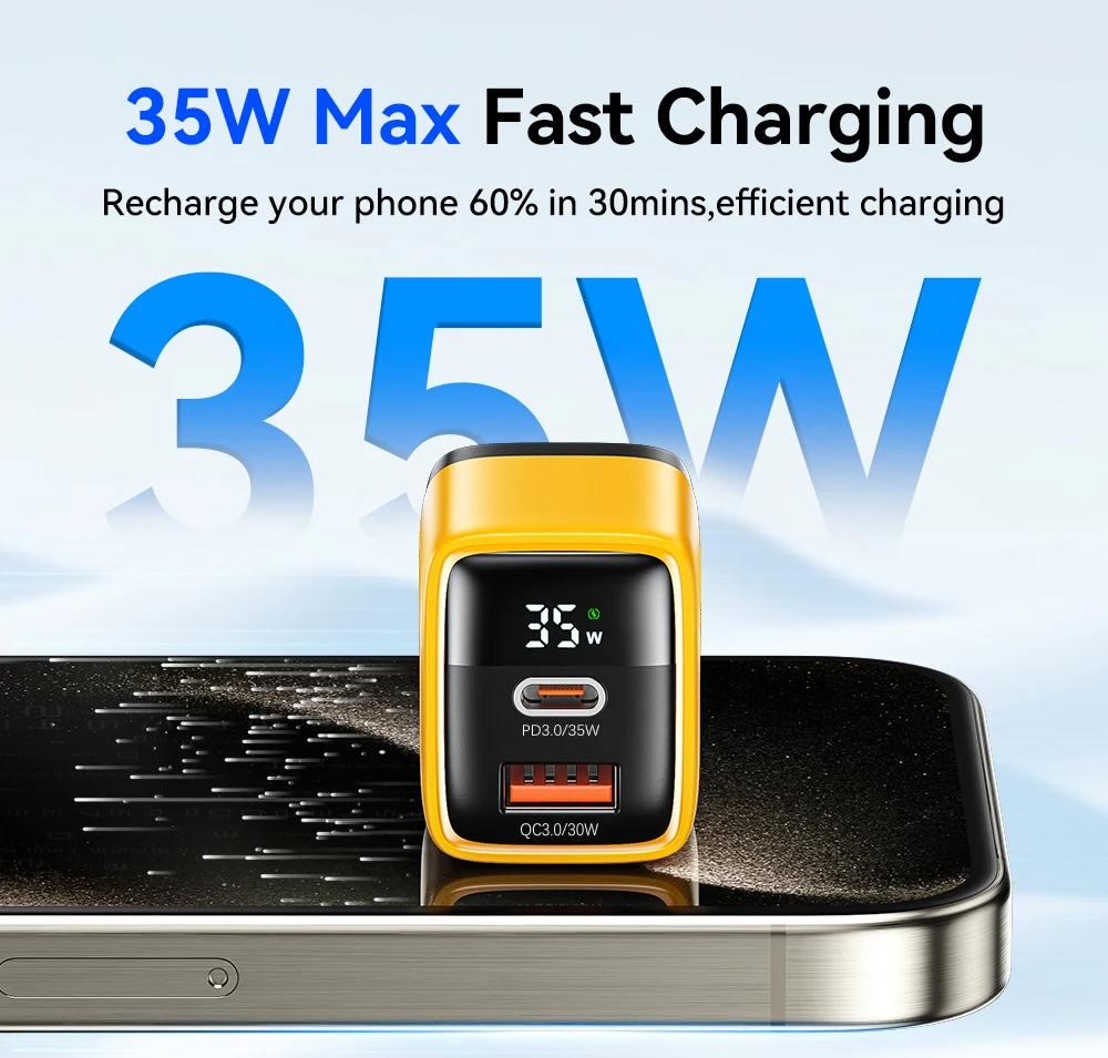 Зарядное устройство Veron TC-35 GaN 35W PD+QC Type-C USB-A с дисплеем Желтый (777650) - фото 4