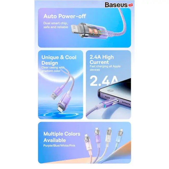 Кабель BASEUS Explorer Series Fast Charging Cable with Smart Temperature Control Cable USB to Lightning CATS010005 2,4A 1 м Purple - фото 6