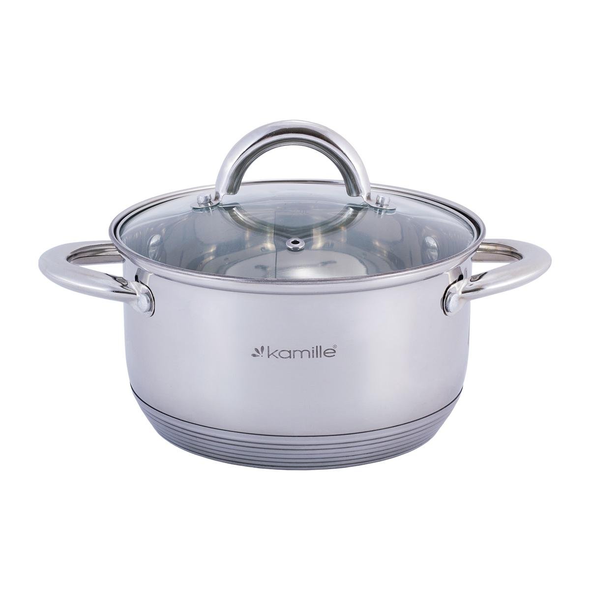 Кастрюля со стеклянной крышкой Kamille KM-5772 из нержавеющей стали и 7-ми слойным капсульным дном 2,4 л Стальной (124-84-5772)