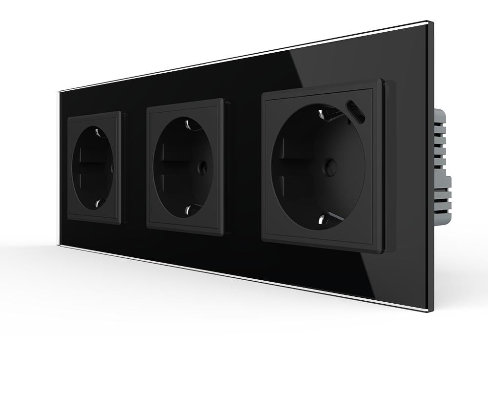 Розетка LIVOLO с USB Type-C 18Вт с заземлением/шторками 250В 16А стеклянная рамка Черный (VL-C7FCTC16A/CTF16A.UC18W-6BP)