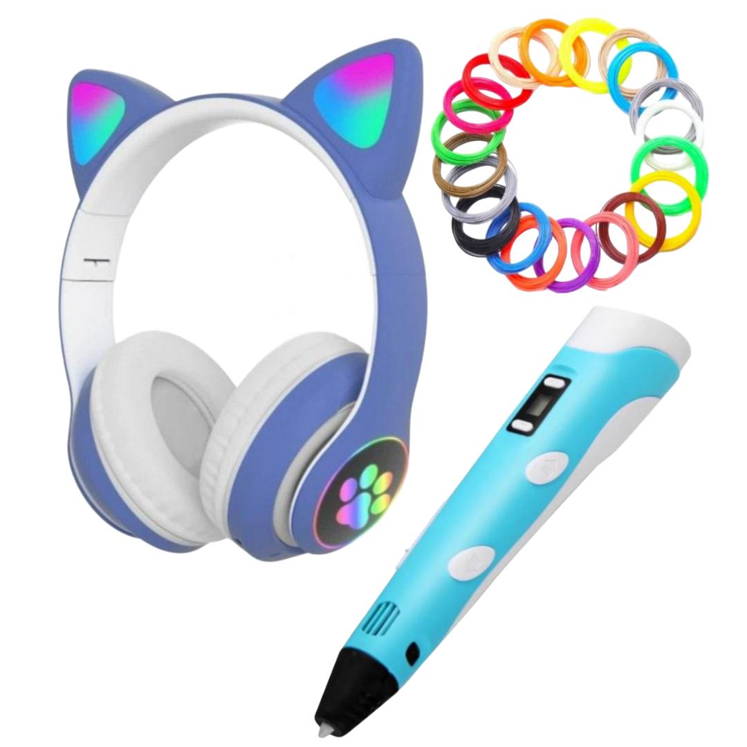 Комплект детский STN-28 наушники с кошачьими ушками/3D-ручка для рисования/пластик 150 м Разноцветный/Голубой