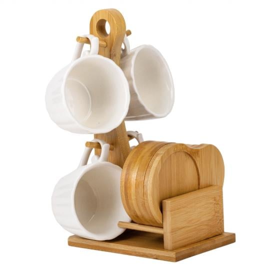 Набор керамических кружек Elisey Тандем с бамбуковой подставкой 170 мл 9 пр. Белый (135-81-9184-003)