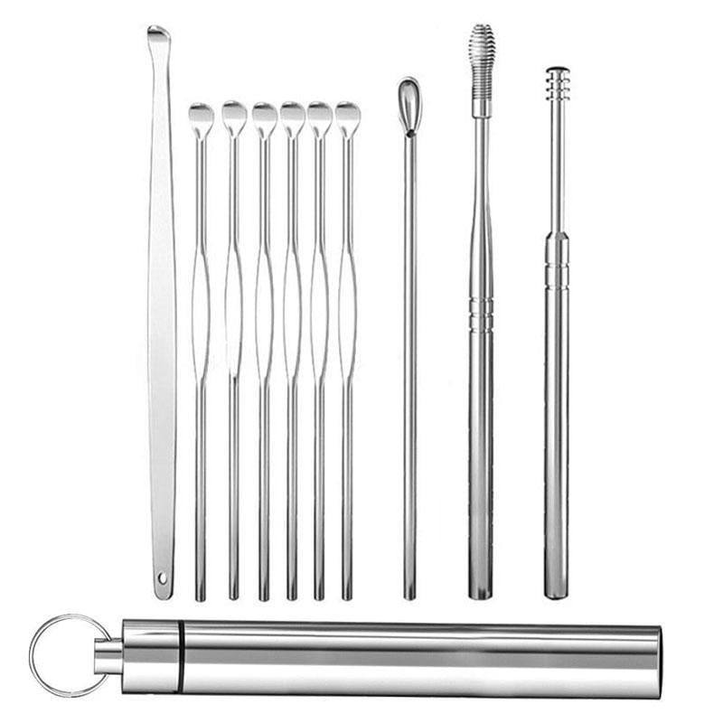 Набор палочек и скребков для ушей металлический 10в1 (R9438)