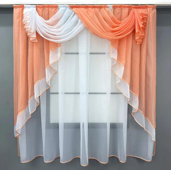 Комплект штор на кухню ламбрекен/тюль 150х170 см Персиковый/Белый (093к) Комплект штор на кухню ламбрекен/тюль 150х170 см Персиковый/Белый (093к)