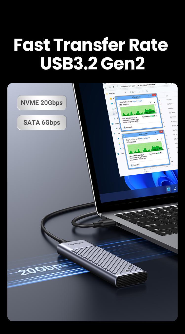 Корпус UGREEN для M.2 NVME та SATA SSD дисків 20 Гбіт/с з Кабелем M та B&M 2280/2230/ 2242/2260 для PCI-e та NGFF Сріблястий (35576) - фото 5 Корпус UGREEN для M.2 NVME та SATA SSD дисків 20 Гбіт/с з Кабелем M та B&M 2280/2230/ 2242/2260 для PCI-e та NGFF Сріблястий (35576) - фото 5