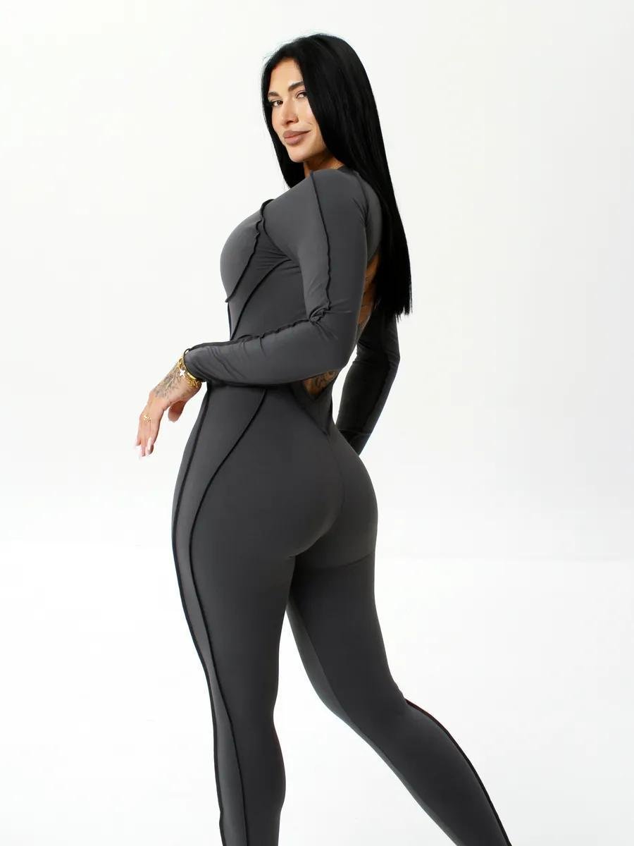 Комбинезон спортивный длинный с имитацией корсета с чашками и без пуш-ап L Темно-серый (MJ03L) - фото 6 Комбинезон спортивный длинный с имитацией корсета с чашками и без пуш-ап L Темно-серый (MJ03L) - фото 6