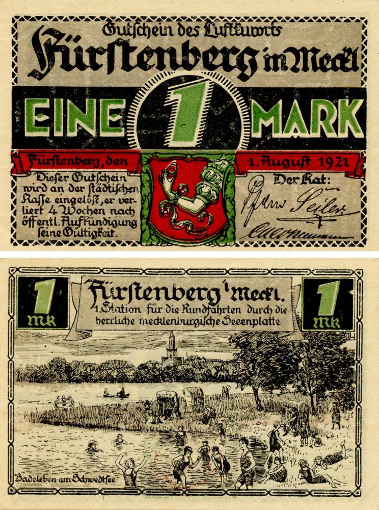 Коллекционная банкнота Германия Нотгельд 1 марка 1921 F-VF Фюрстенберг (Б18380)