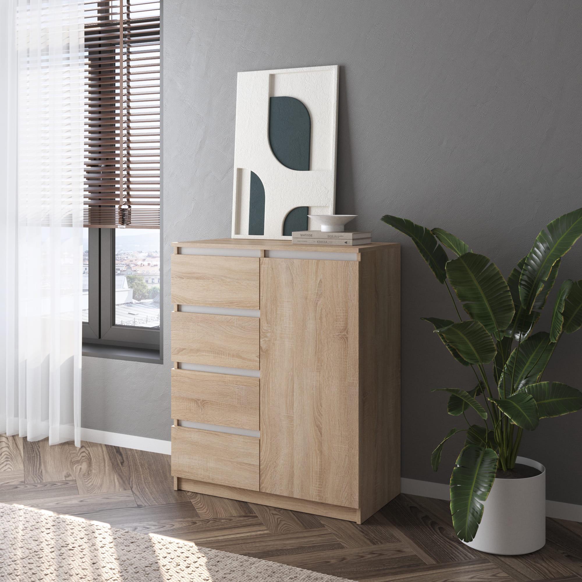 Комод №2 на 4 выдвижных ящика ЛДСП без ручек Дуб сонома/Белый (372175)