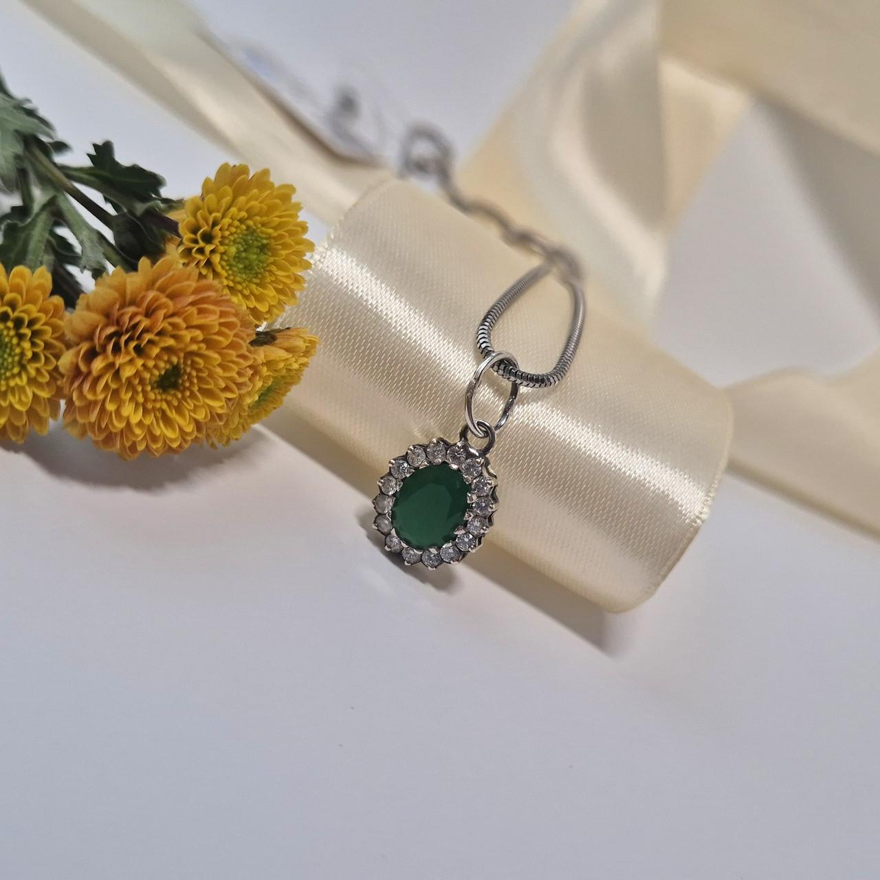 Підвіска овал із зеленим каменем імітація хризопраз срібло 925 проби чорнене 2,00 г (3885/2)