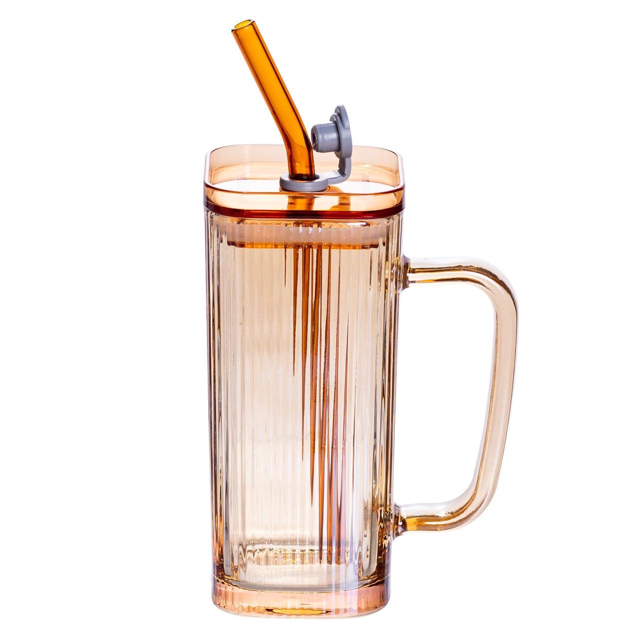 Чашка стеклянная Light House LG-30119 с крышкой и трубочкой 280 мл Коричневый