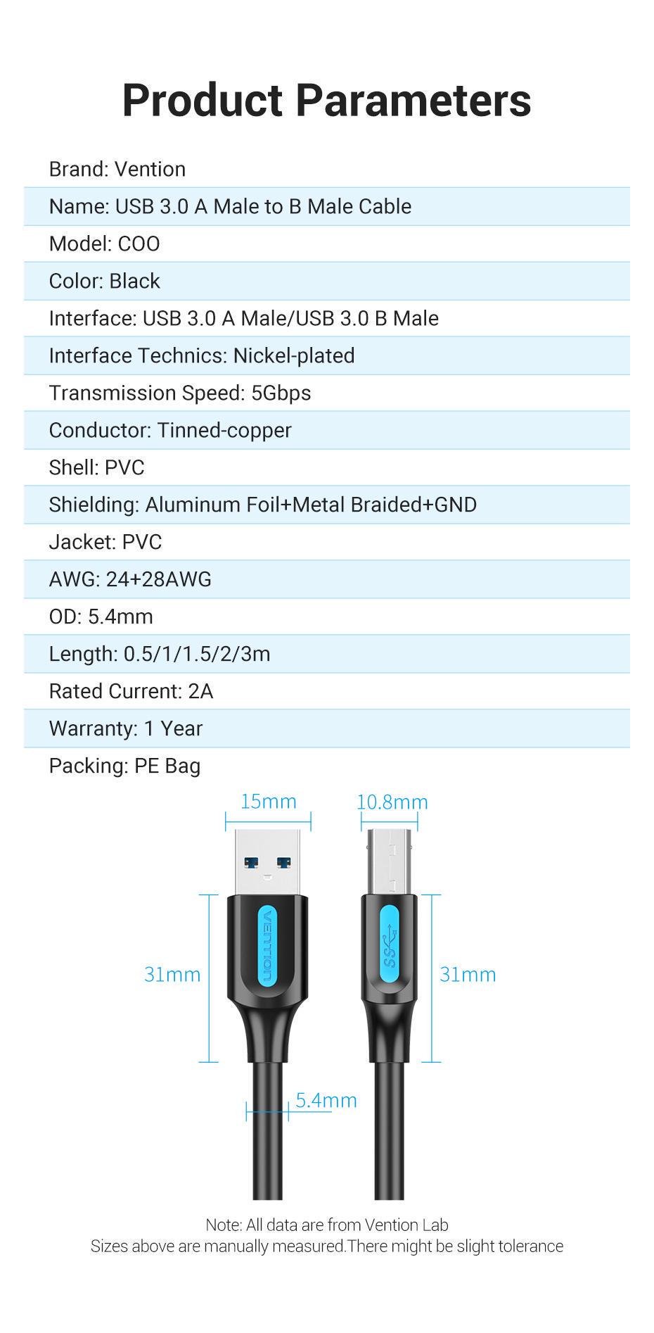 Кабель для принтера Vention USB-USB Type-B 3.0 5 Гбит/с 2A USB-A 3.0 на USB-B 3.0 1 м Черный (COOBF) - фото 9 Кабель для принтера Vention USB-USB Type-B 3.0 5 Гбит/с 2A USB-A 3.0 на USB-B 3.0 1 м Черный (COOBF) - фото 9