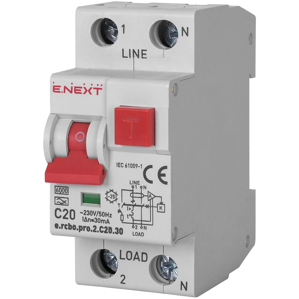 Выключатель дифференциального тока с защитой от сверхтоков ENEXT 1P+N 20А С тип А 30 (99-00021473)